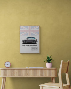FOOD, DRINK, MUSIC AND MINI. Classic 1974 Mini Cooper poster.