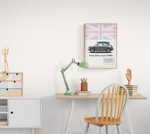 FOOD, DRINK, MUSIC AND MINI. Classic 1974 Mini Cooper poster.