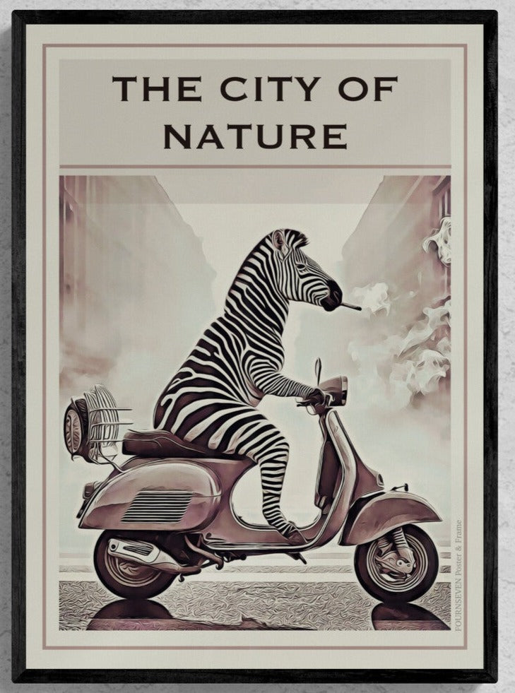 The City of Nature. Scooter riding Zebr poster.